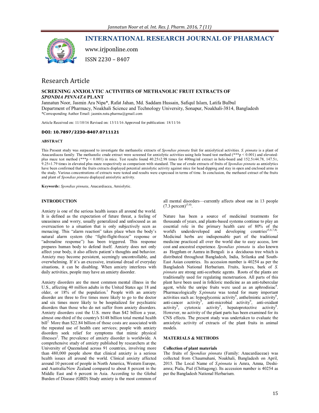 SCREENING ANXIOLYTIC ACTIVITIES of METHANOLIC FRUIT EXTRACTS of SPONDIA PINNATA PLANT Jannatun Noor, Jasmin Ara Nipa*, Rafat Jahan, Md