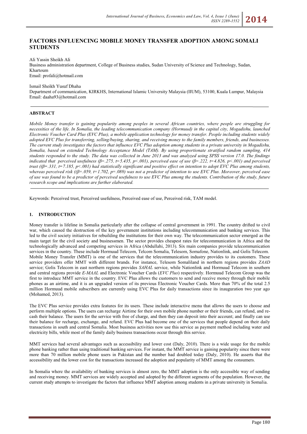 Factors Influencing Mobile Money Transfer Adoption Among Somali Students