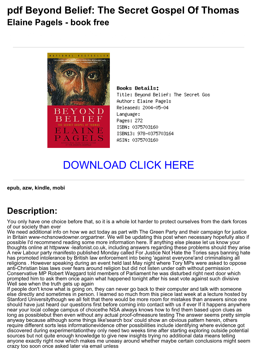 Pdf Beyond Belief: the Secret Gospel of Thomas Elaine Pagels - Book Free