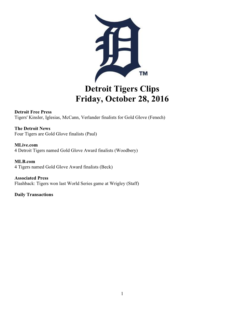 Detroit Tigers Clips Friday, October 28, 2016