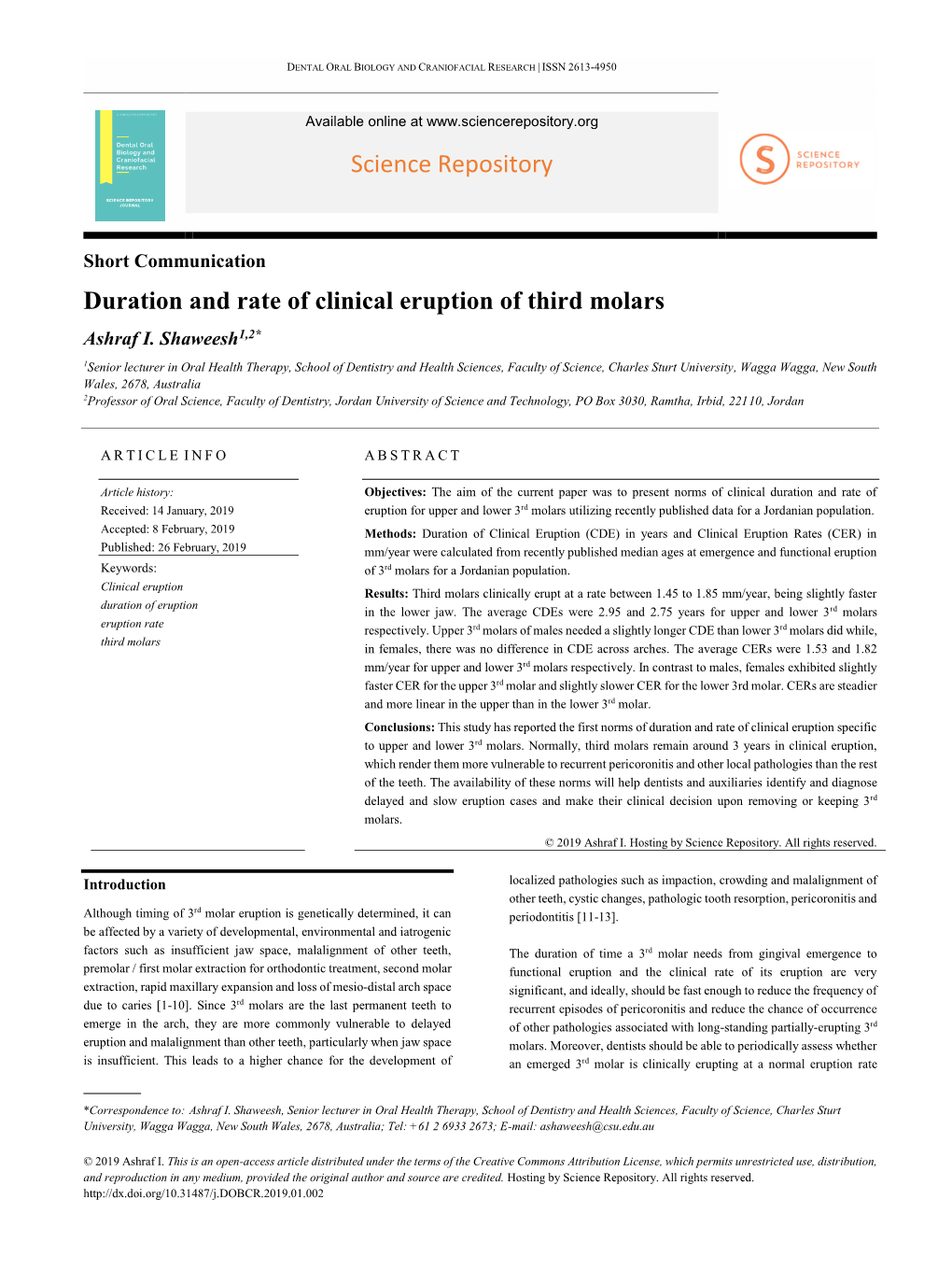 Duration and Rate of Clinical Eruption of Third Molars Ashraf I