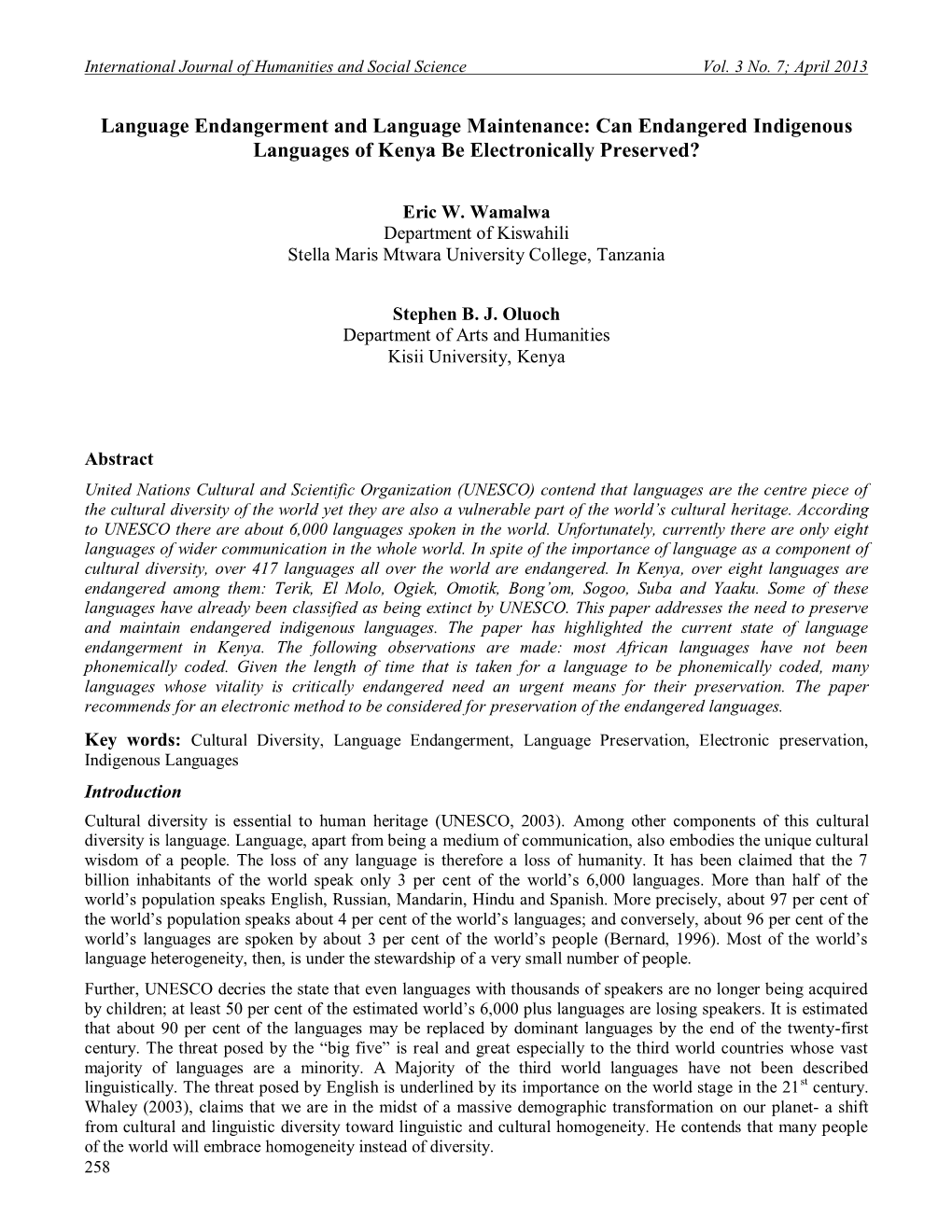 Language Endangerment and Language Maintenance: Can Endangered Indigenous Languages of Kenya Be Electronically Preserved?