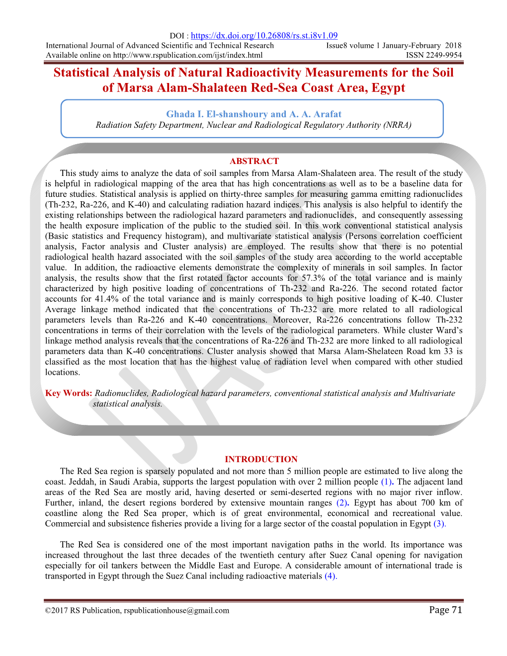 Statistical Analysis of Natural Radioactivity Measurements for the Soil of Marsa Alam-Shalateen Red-Sea Coast Area, Egypt