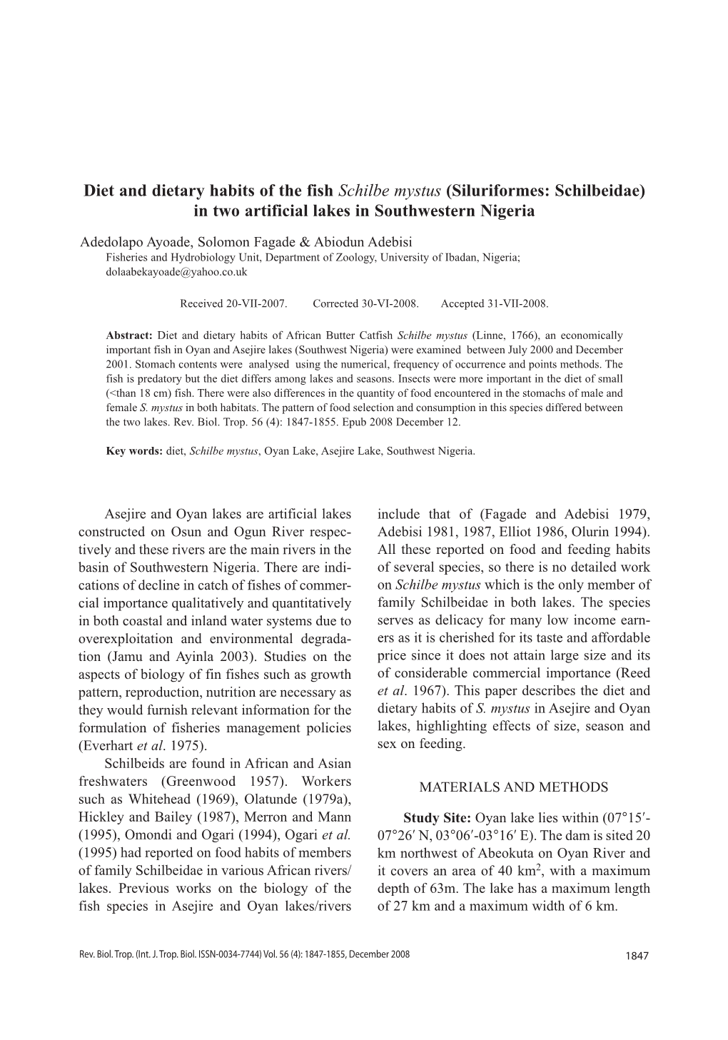 Diet and Dietary Habits of the Fish Schilbe Mystus (Siluriformes: Schilbeidae) in Two Artificial Lakes in Southwestern Nigeria