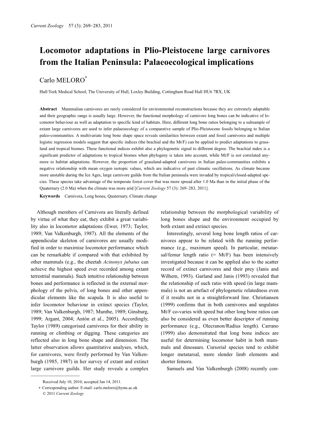 Locomotor Adaptations in Plio-Pleistocene Large Carnivores from the Italian Peninsula: Palaeoecological Implications