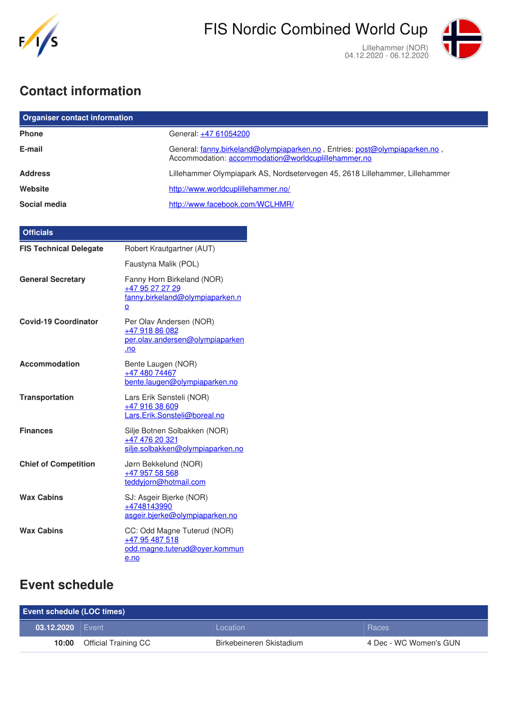 FIS Nordic Combined World Cup Lillehammer (NOR) 04.12.2020 - 06.12.2020