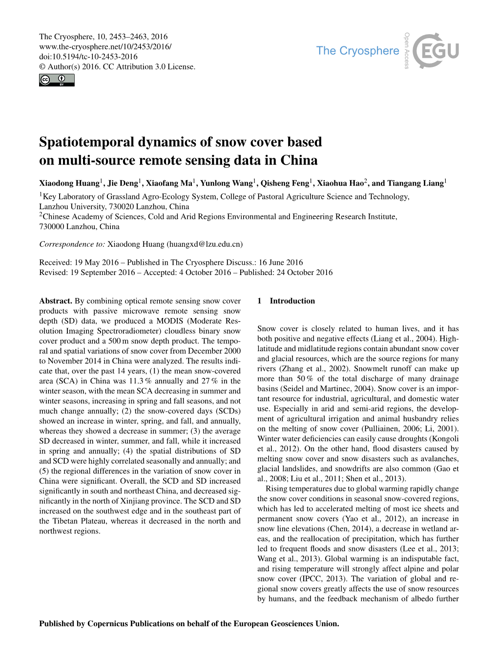 Spatiotemporal Dynamics of Snow Cover Based on Multi-Source Remote Sensing Data in China