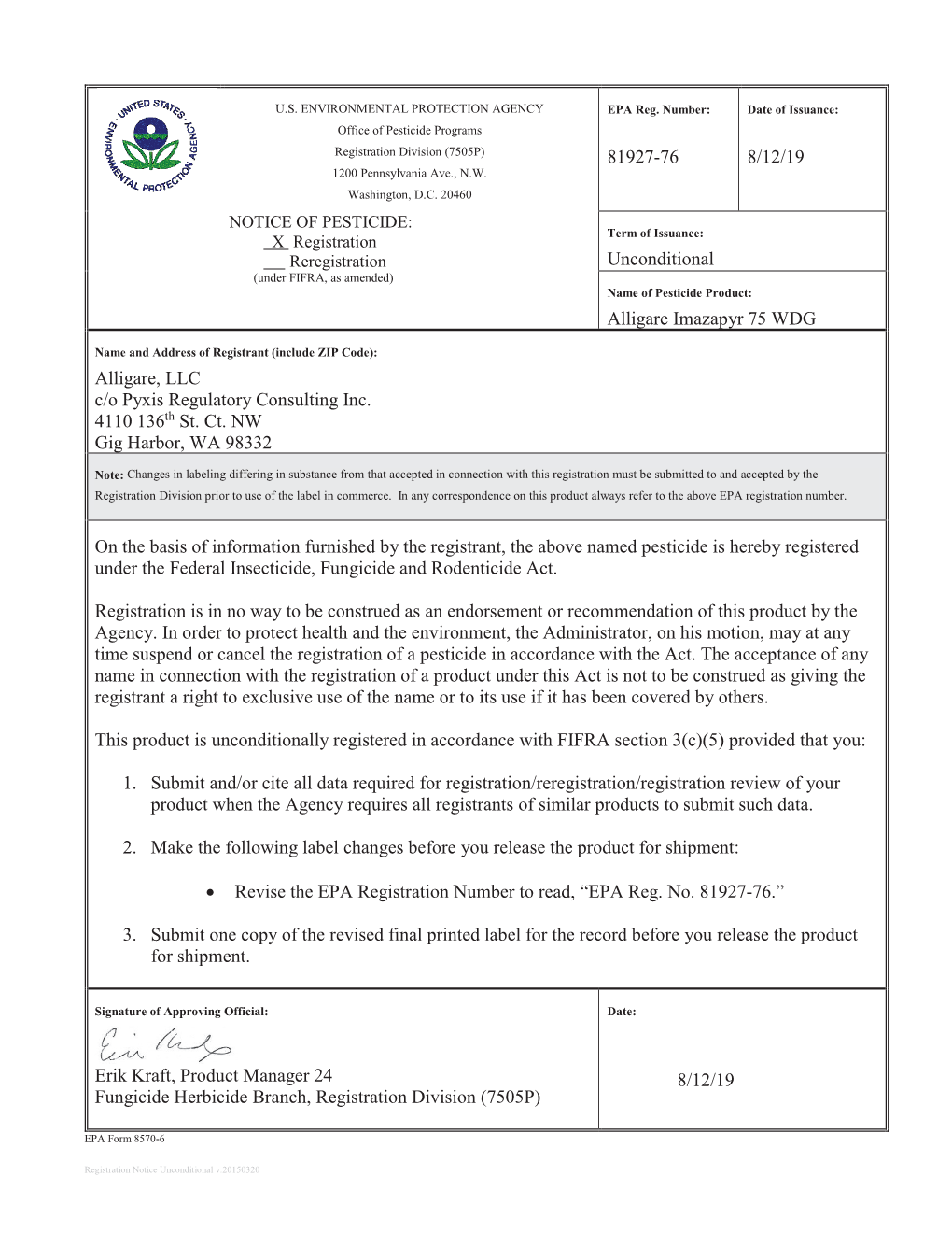 US EPA, Pesticide Product Label, Alligare Imazapyr 75 WDG,08/12/2019