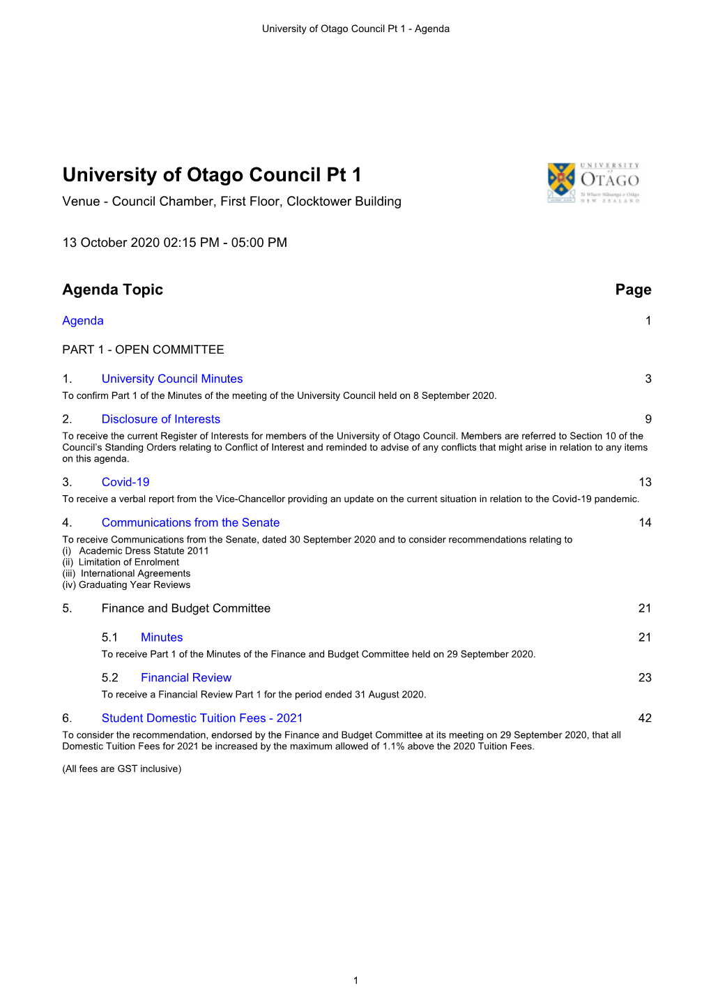 University of Otago Council Pt 1 - Agenda