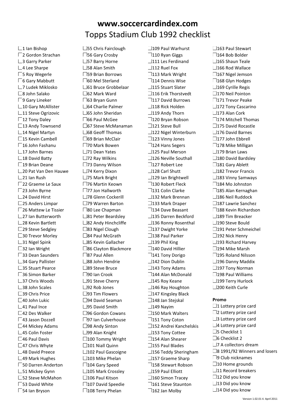 Topps Stadium Club 1992 Checklist