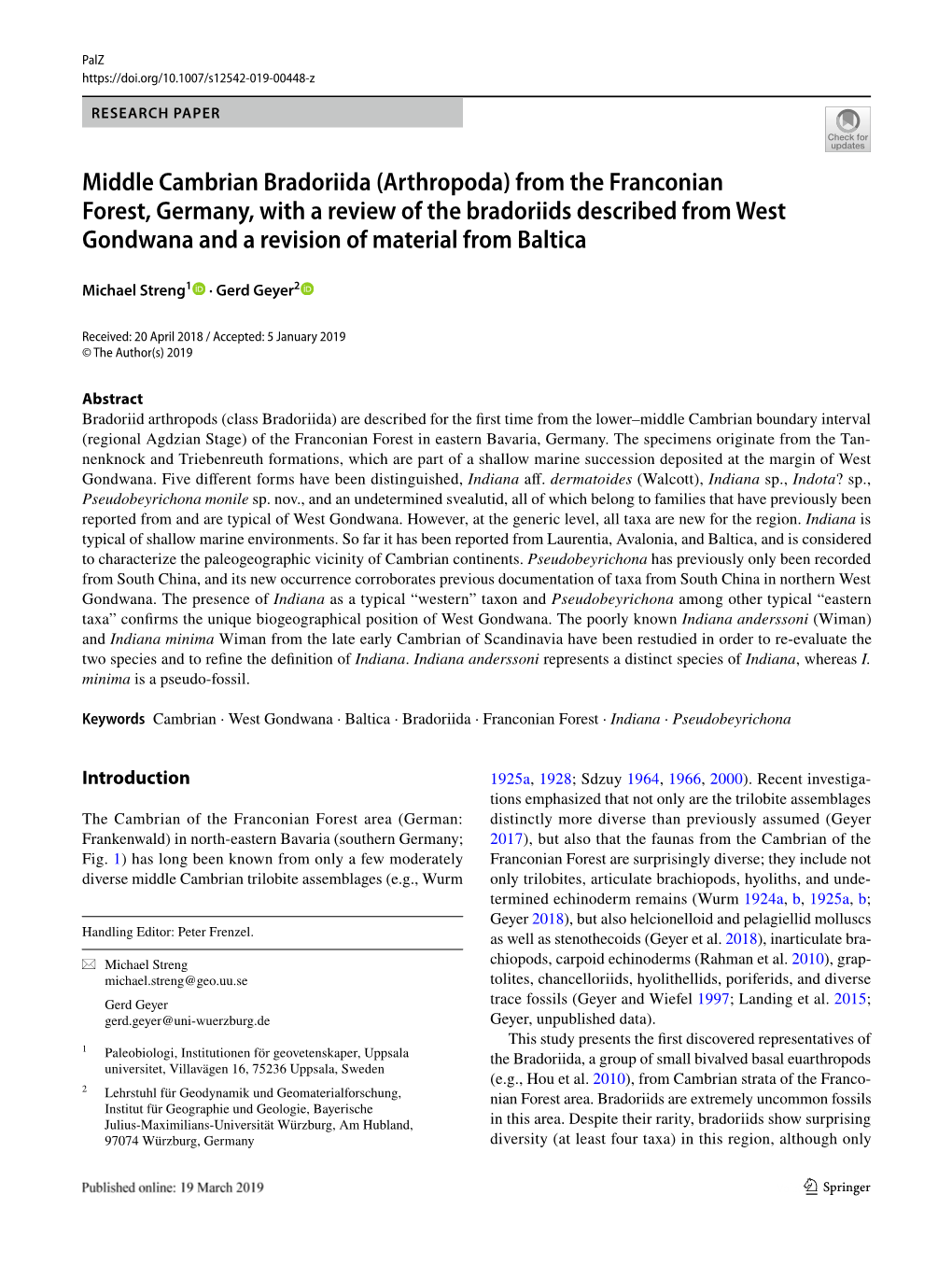 From the Franconian Forest, Germany, with a Review of the Bradoriids Described from West Gondwana and a Revision of Material from Baltica