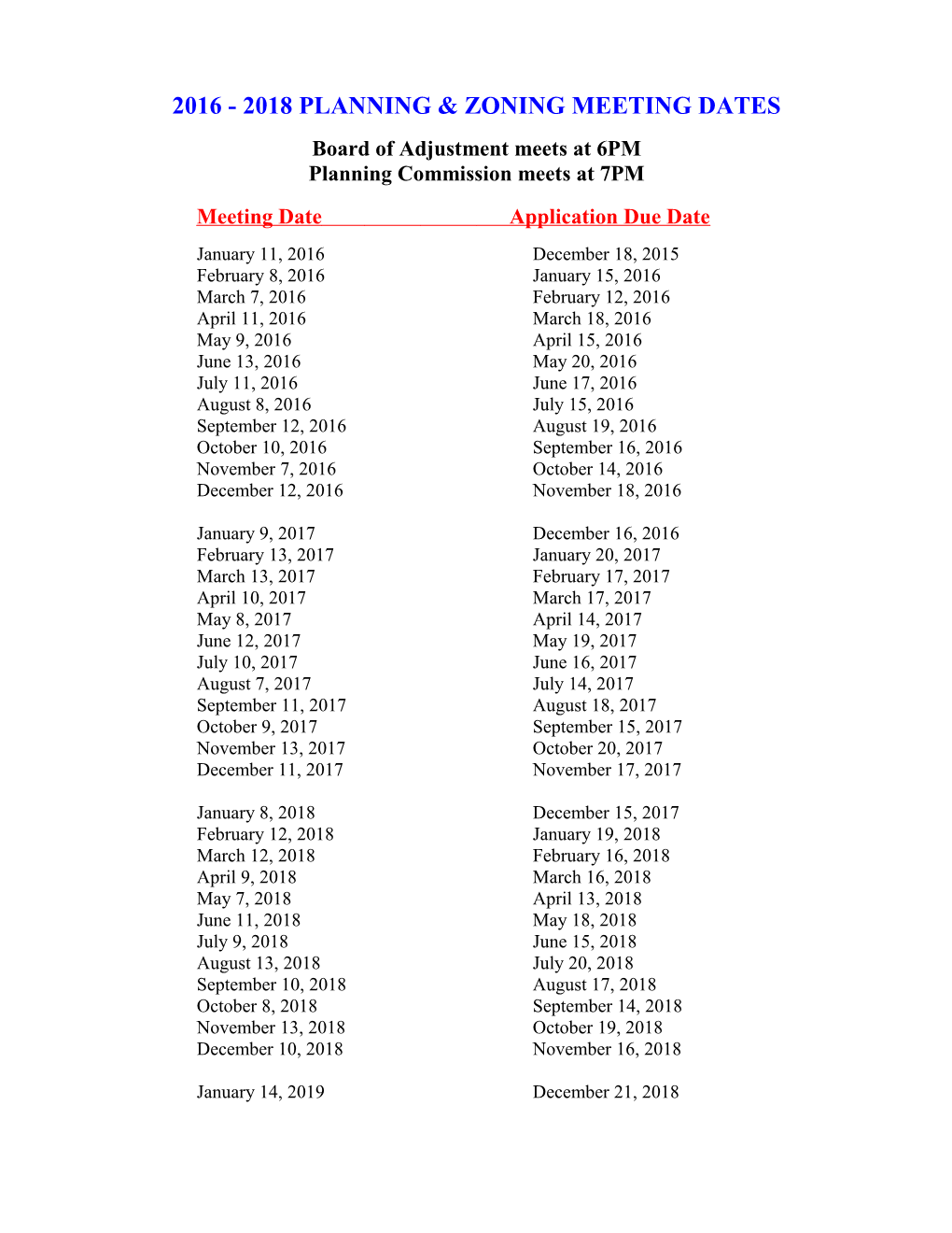 2011 2013 Planning & Zoning Meeting Dates