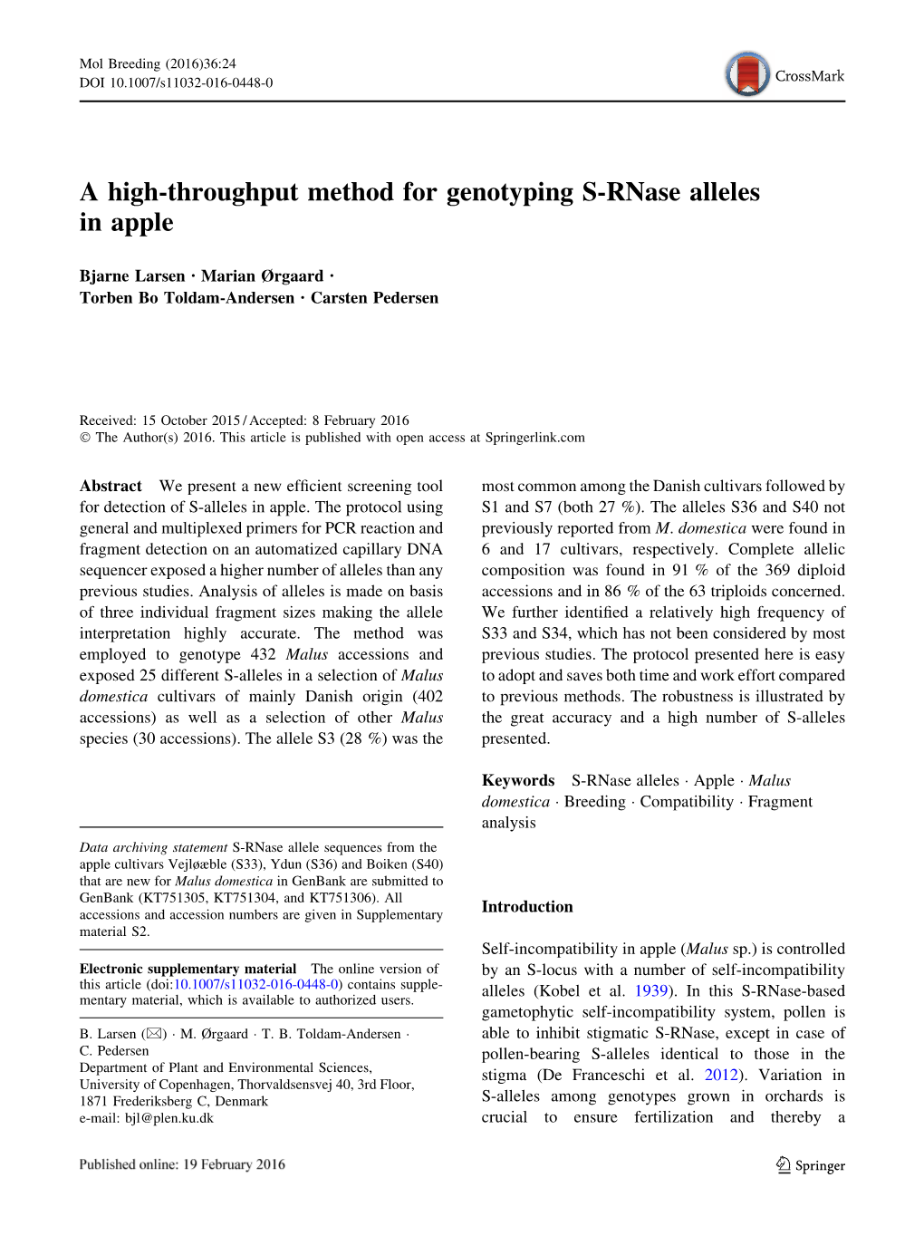 A High-Throughput Method for Genotyping S-Rnase Alleles in Apple