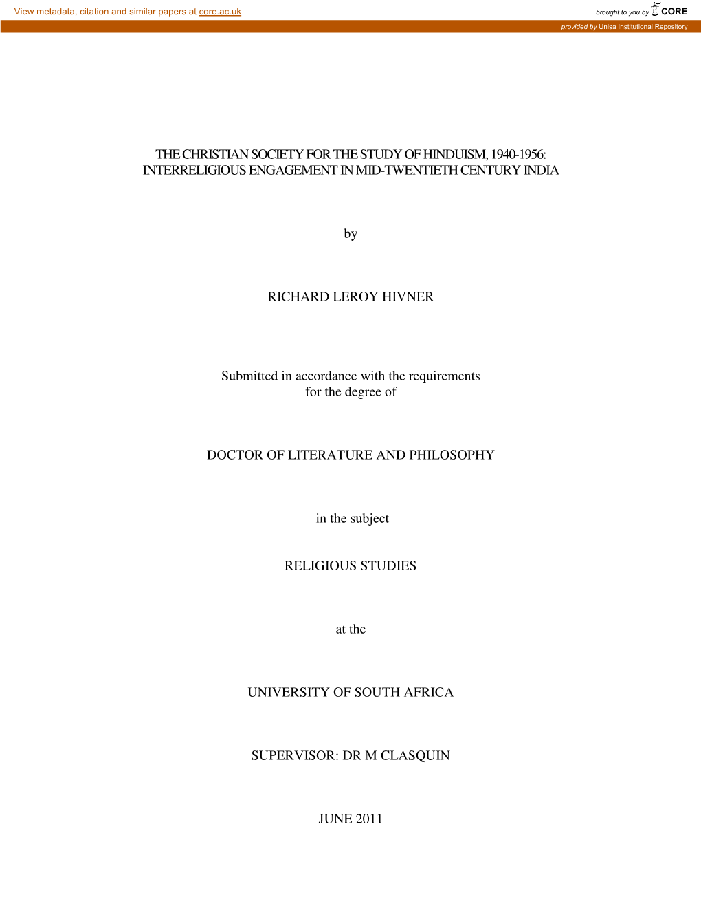 The Christian Society for the Study of Hinduism, 1940-1956: Interreligious Engagement in Mid-Twentieth Century India