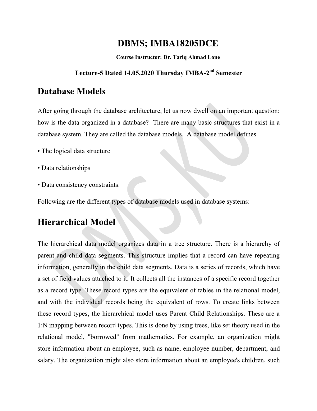 DBMS; IMBA18205DCE Database Models Hierarchical Model