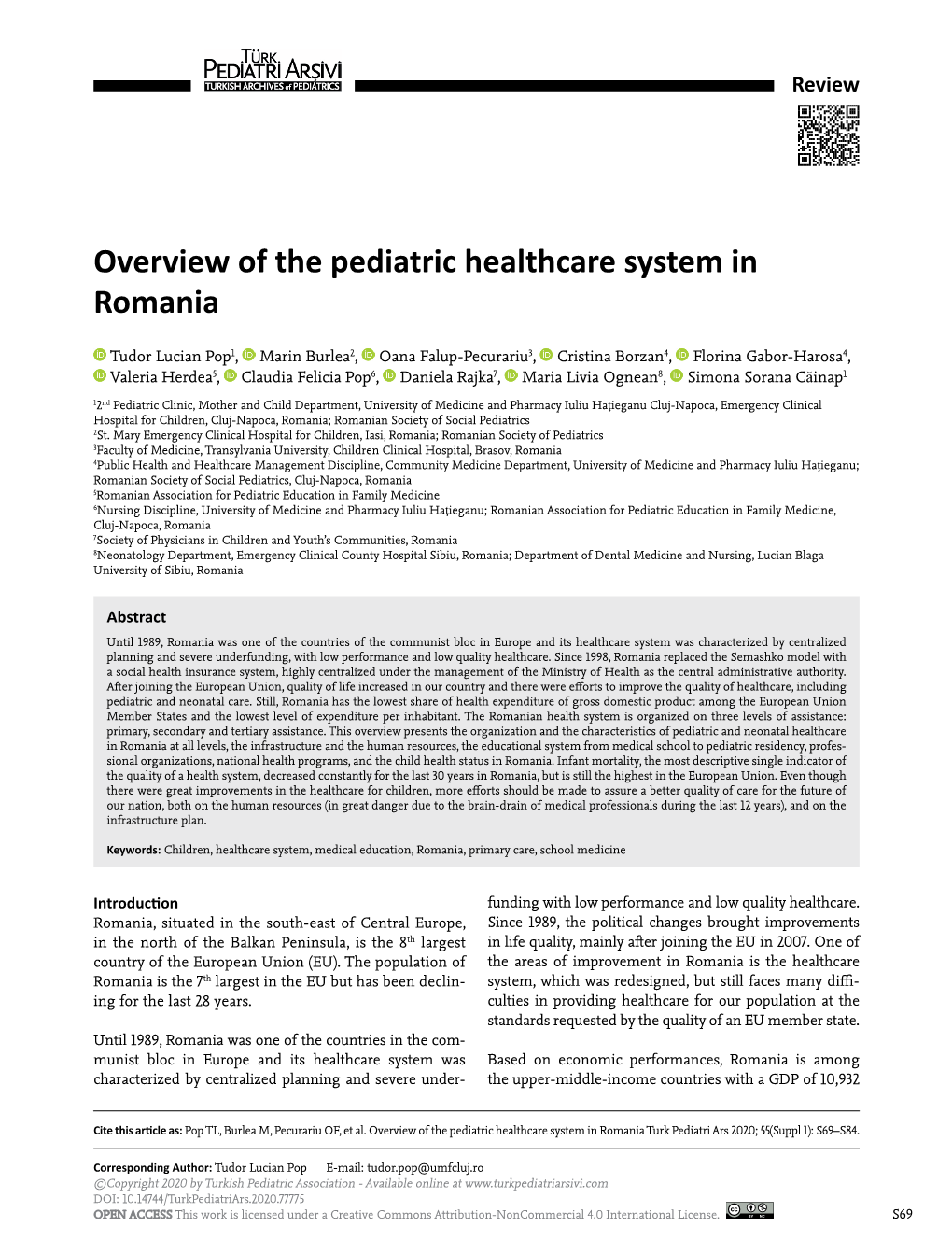 Overview of the Pediatric Healthcare System in Romania