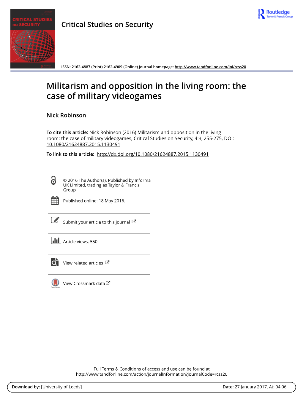 Militarism and Opposition in the Living Room: the Case of Military Videogames