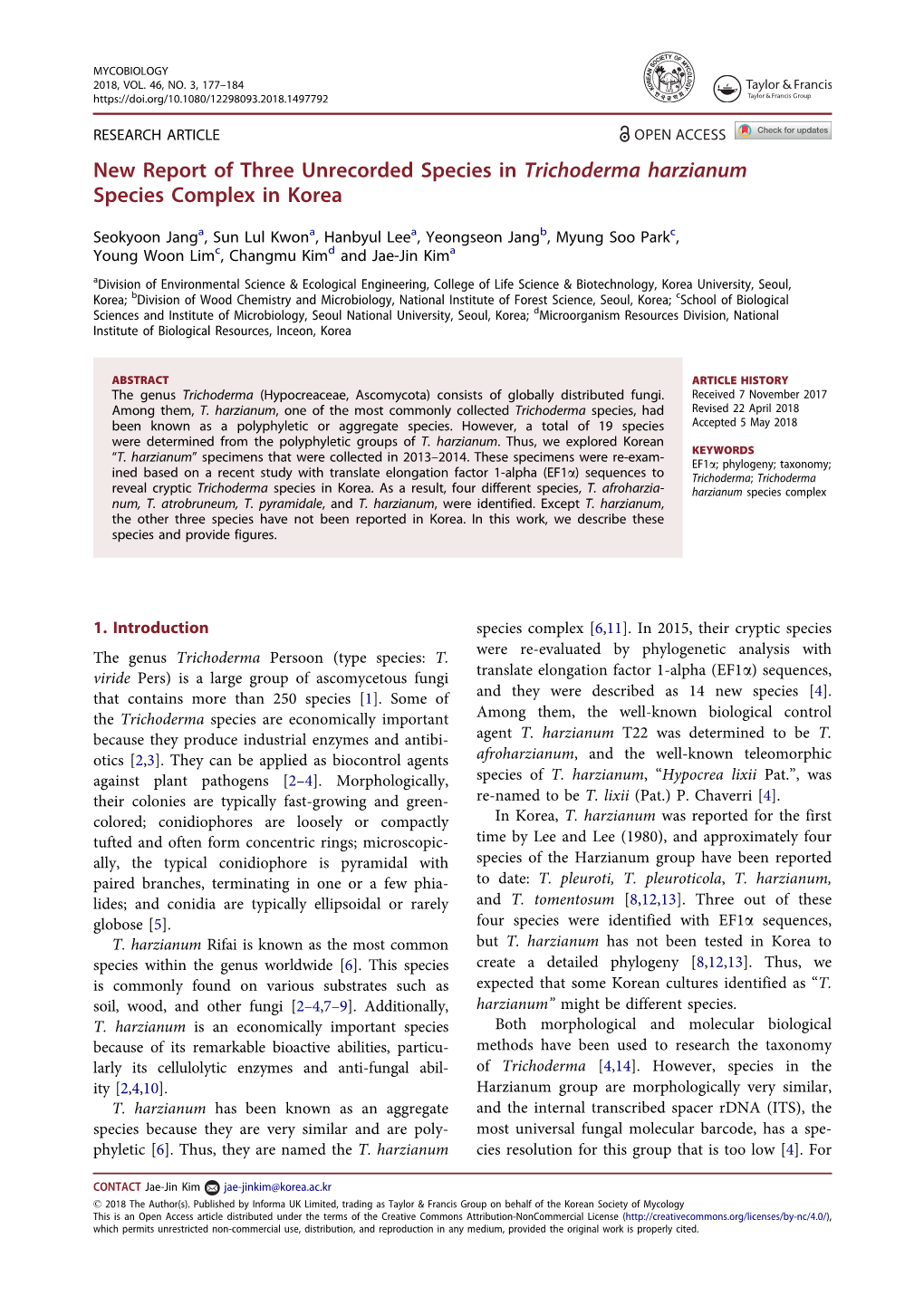 New Report of Three Unrecorded Species in Trichoderma Harzianum Species Complex in Korea