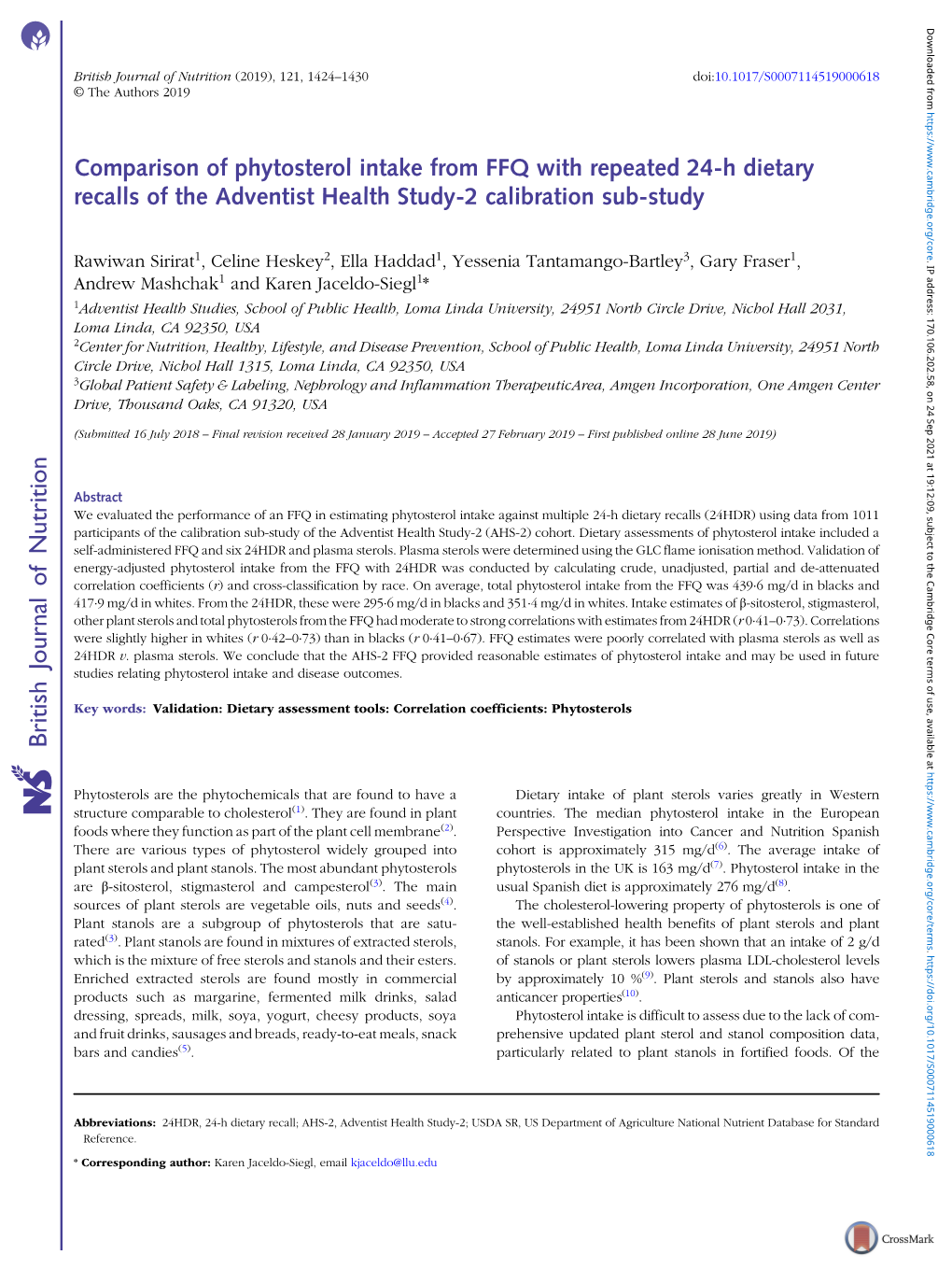 Comparison of Phytosterol Intake from FFQ with Repeated 24-H Dietary Recalls of the Adventist Health Study-2 Calibration Sub-Study