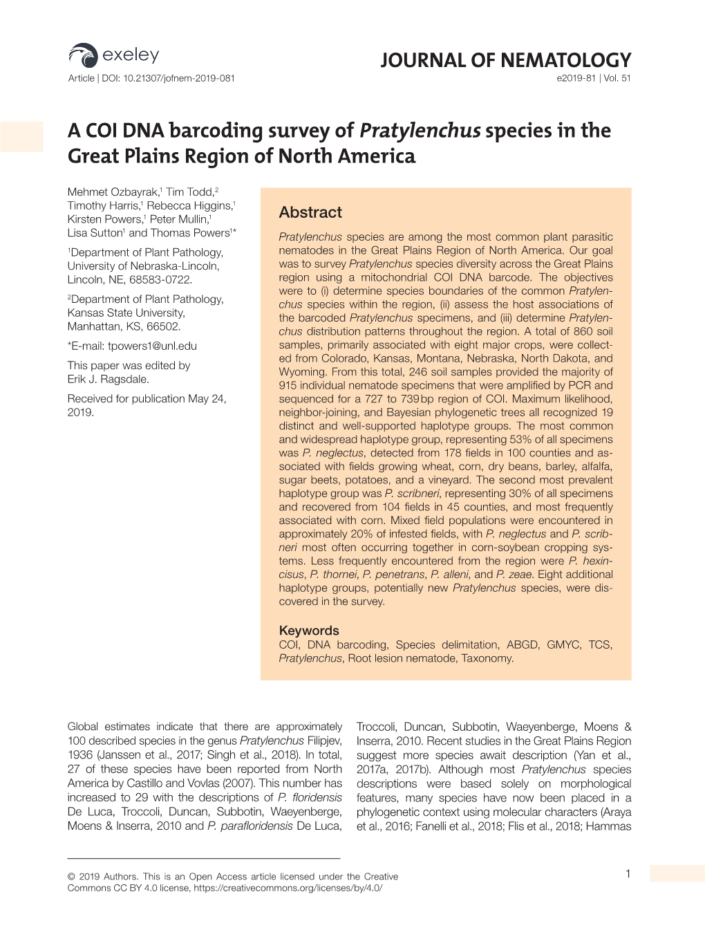 JOURNAL of NEMATOLOGY a COI DNA Barcoding Survey of Pratylenchus Species in the Great Plains Region of North America