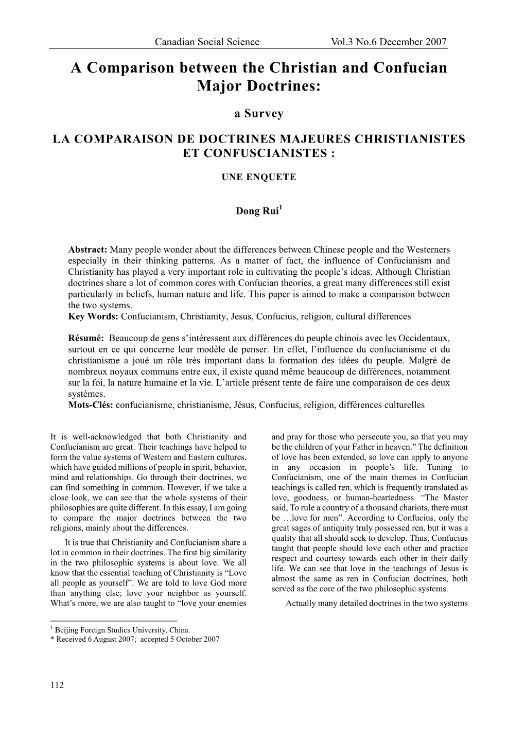 A Comparison Between the Christian and Confucian Major Doctrines