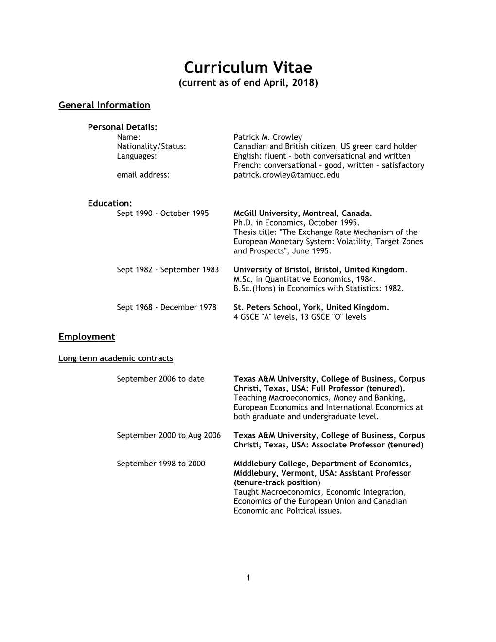 Curriculum Vitae (Current As of End April, 2018)