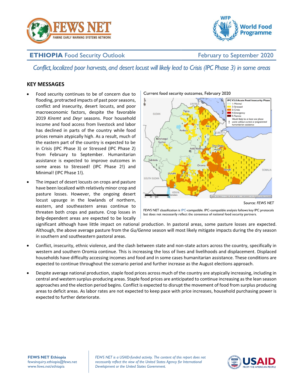 February to September 2020 Conflict, Localized Poor Harvests, and Desert Locust Will Likely Lead to Crisis (IPC Phase 3) in Some Areas