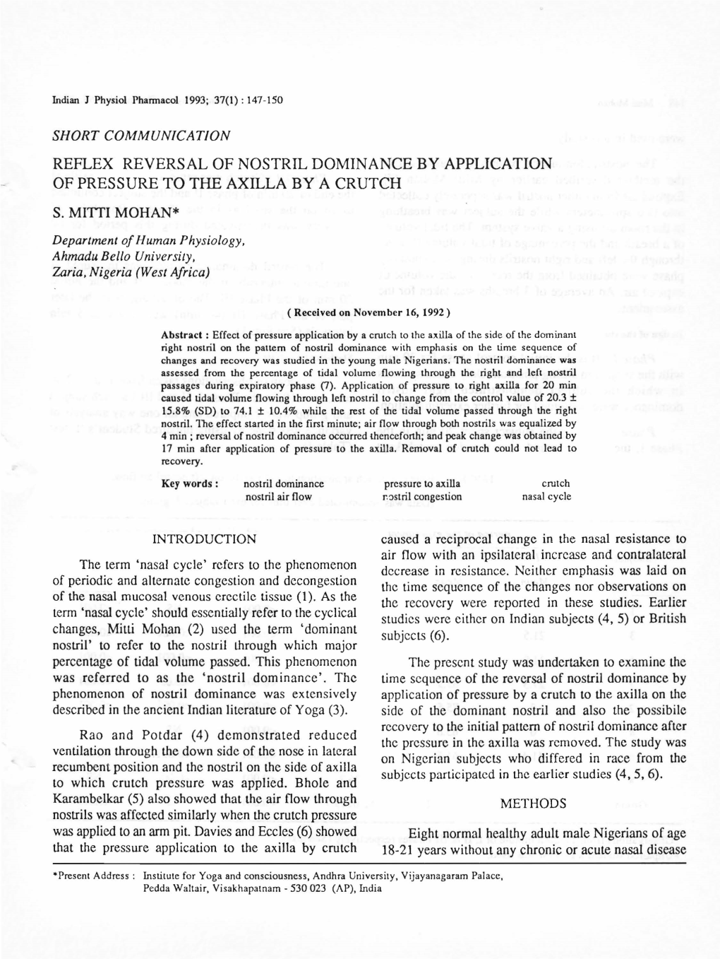 Reflex Reversal of Nostril Dominance by Application of Pressure to the Axilla by a Crutch S