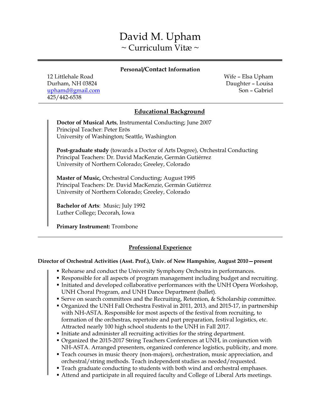 David Upham Curriculum Vitae