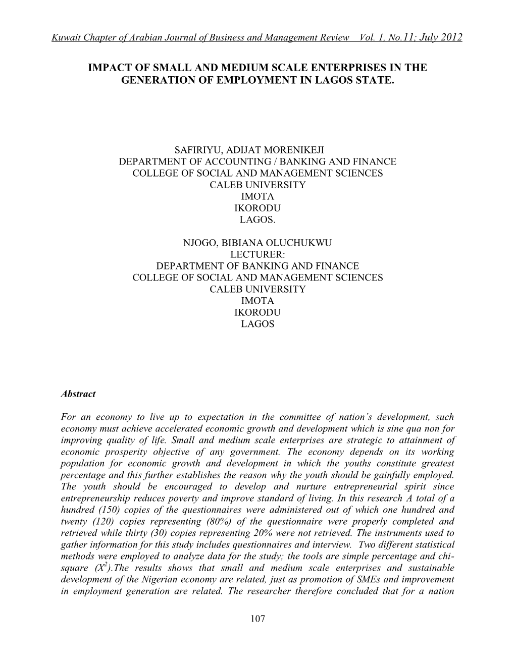 Impact of Small and Medium Scale Enterprises in the Generation of Employment in Lagos State