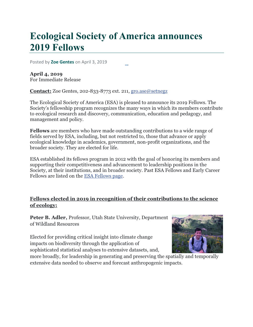 Ecological Society of America Announces 2019 Fellows