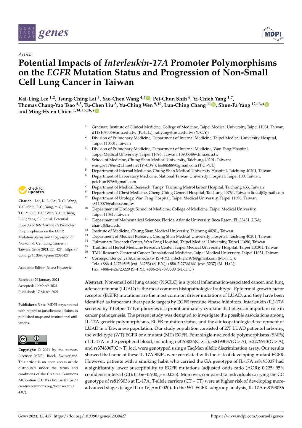 Potential Impacts of Interleukin-17A Promoter Polymorphisms on the EGFR Mutation Status and Progression of Non-Small Cell Lung Cancer in Taiwan