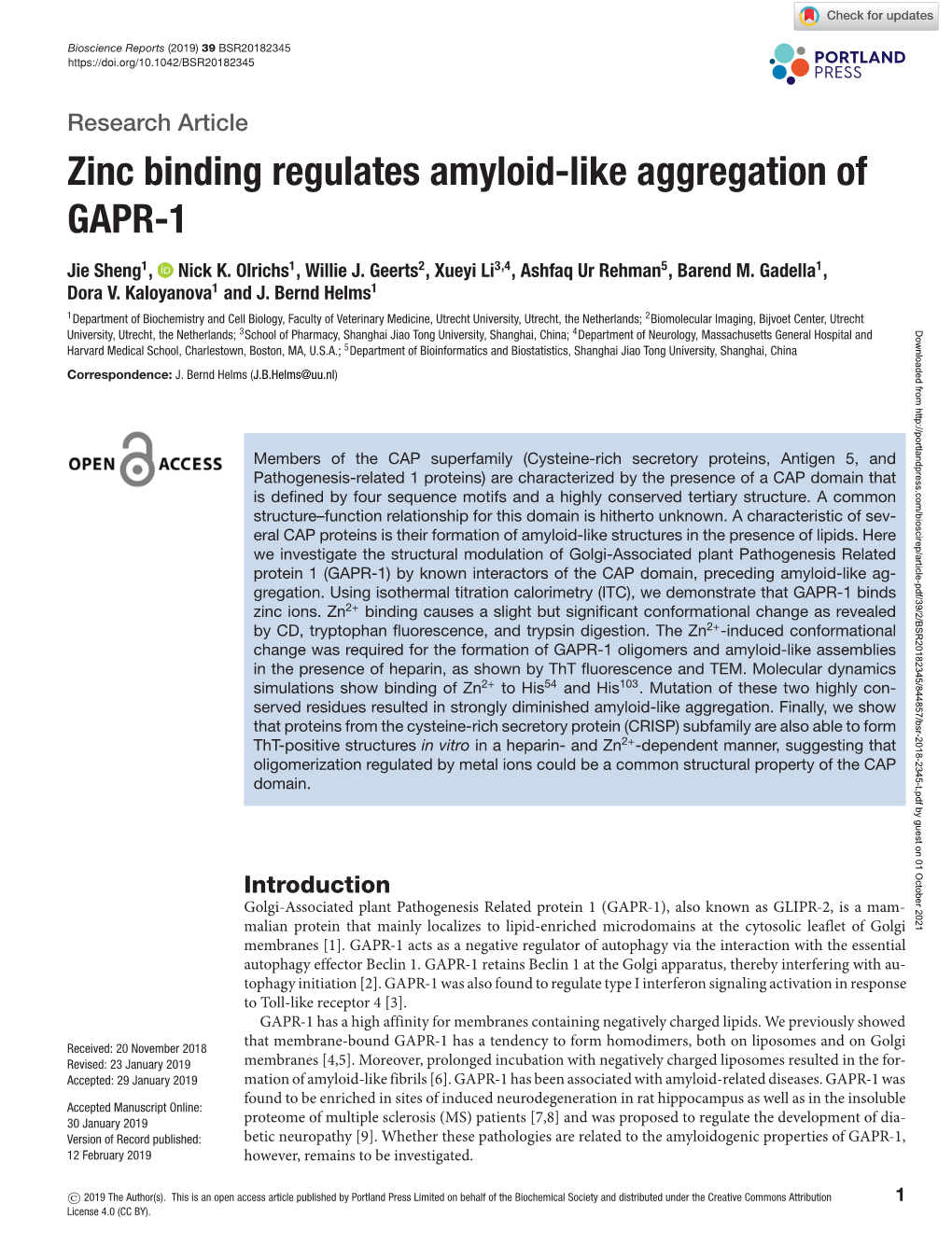 Zinc Binding Regulates Amyloid-Like Aggregation of GAPR-1