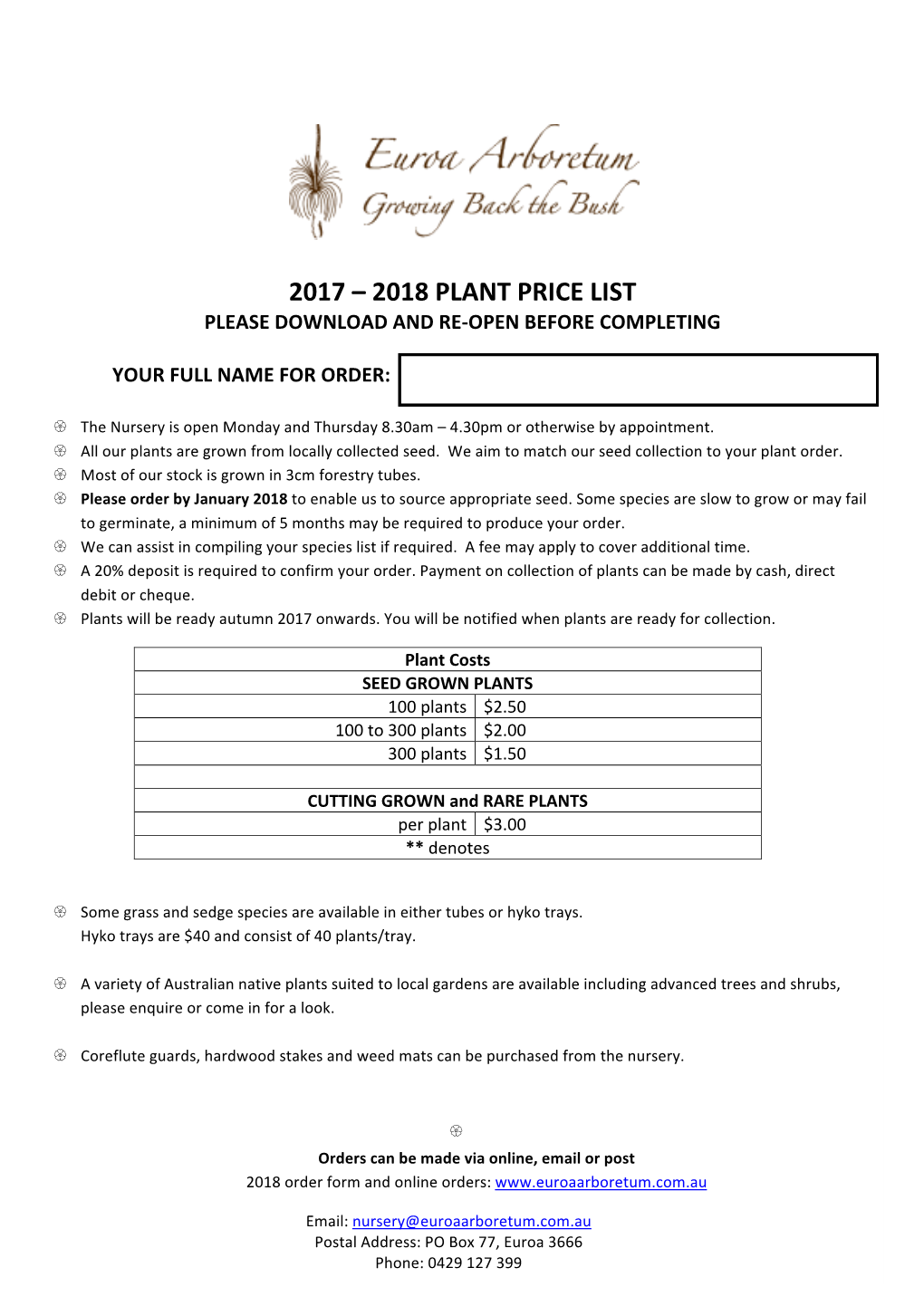 Euroa Arboretum Nursery Order Form 2017