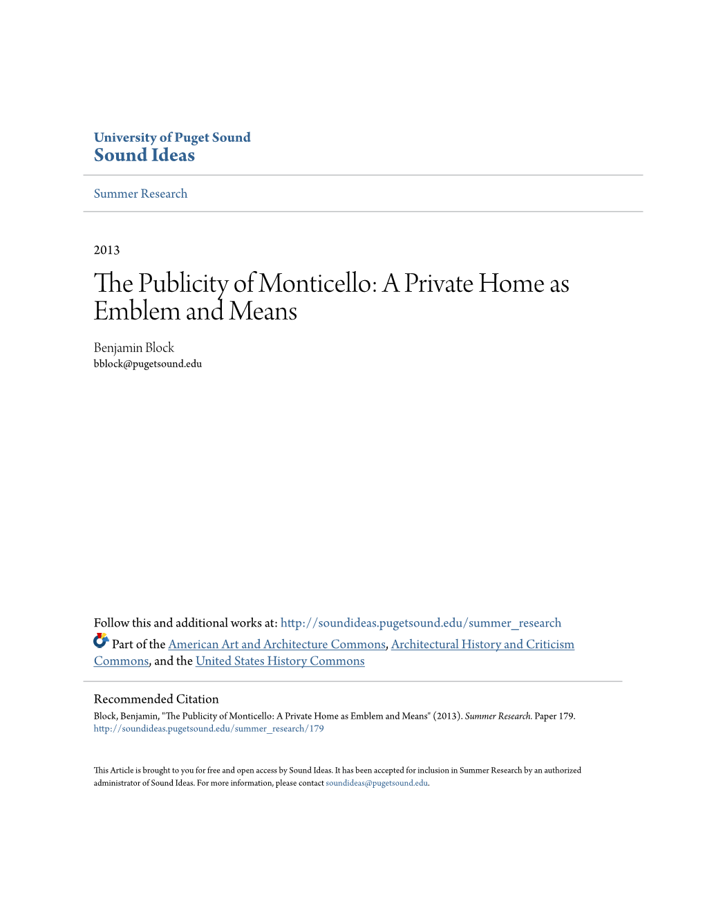 The Publicity of Monticello: a Private Home As Emblem and Means Benjamin Block Bblock@Pugetsound.Edu