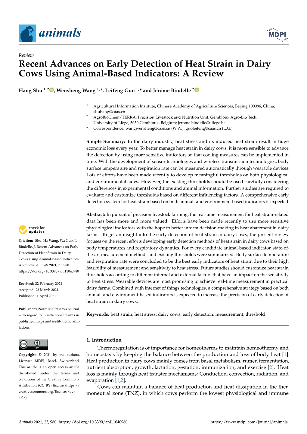 Recent Advances on Early Detection of Heat Strain in Dairy Cows Using Animal-Based Indicators: a Review