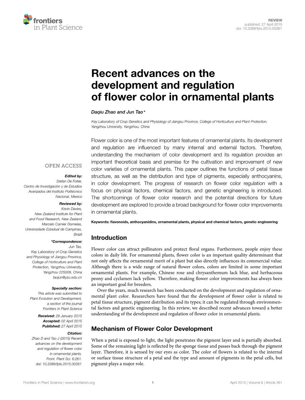 Recent Advances on the Development and Regulation of Flower Color In