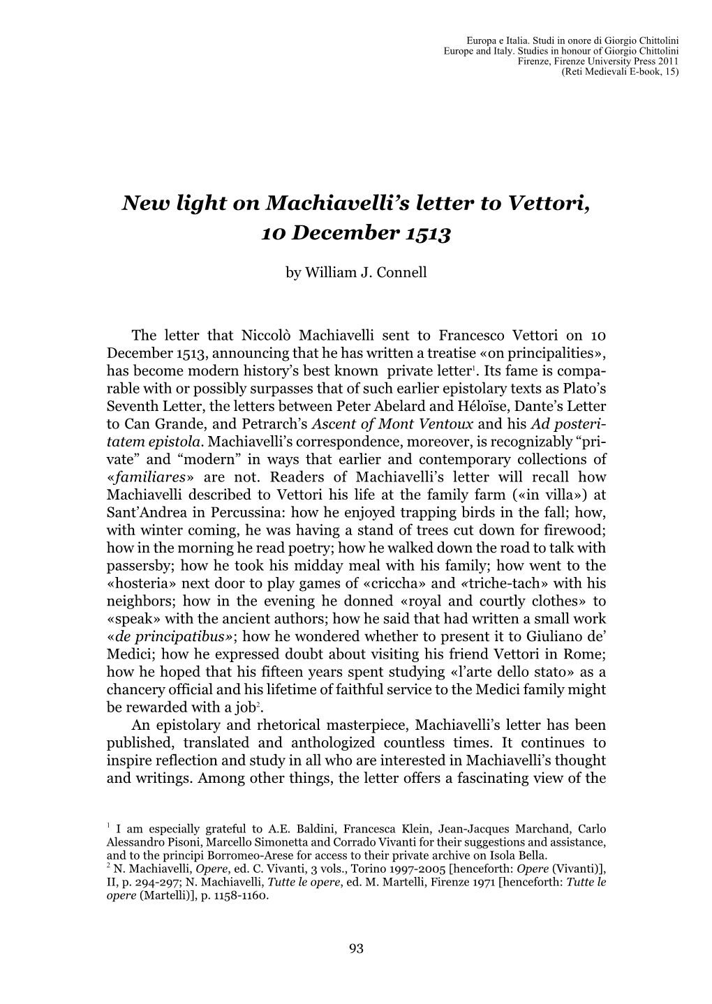 New Light on Machiavelli's Letter to Vettori, 10 December 1513