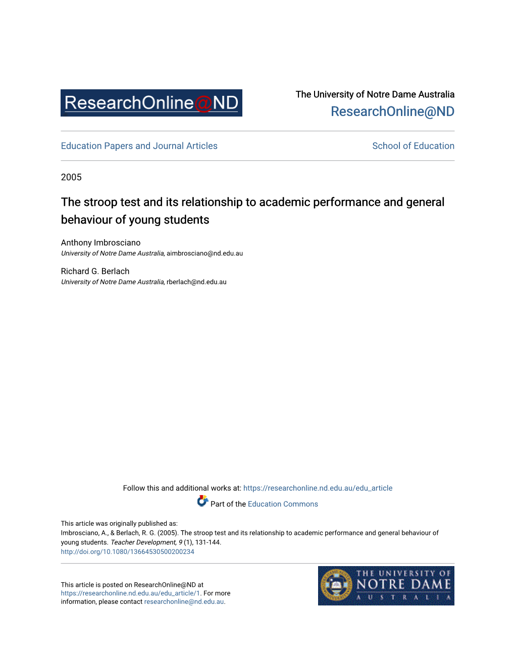 Stroop Test and Its Relationship to Academic Performance and General Behaviour of Young Students