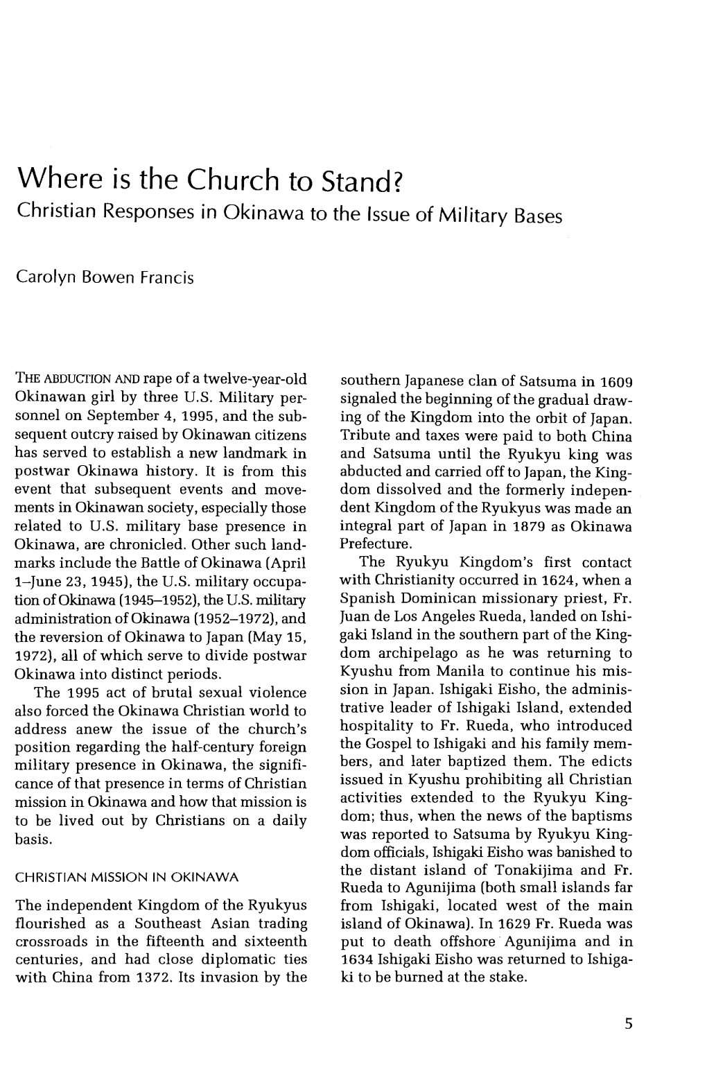 Where Is the Church to Stand? Christian Responses in Okinawa to the Issue of Military Bases