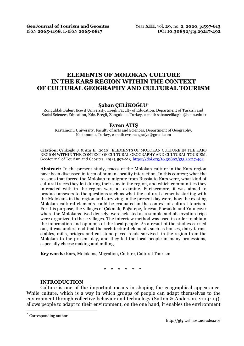 Elements of Molokan Culture in the Kars Region Within the Context of Cultural Geography and Cultural Tourism