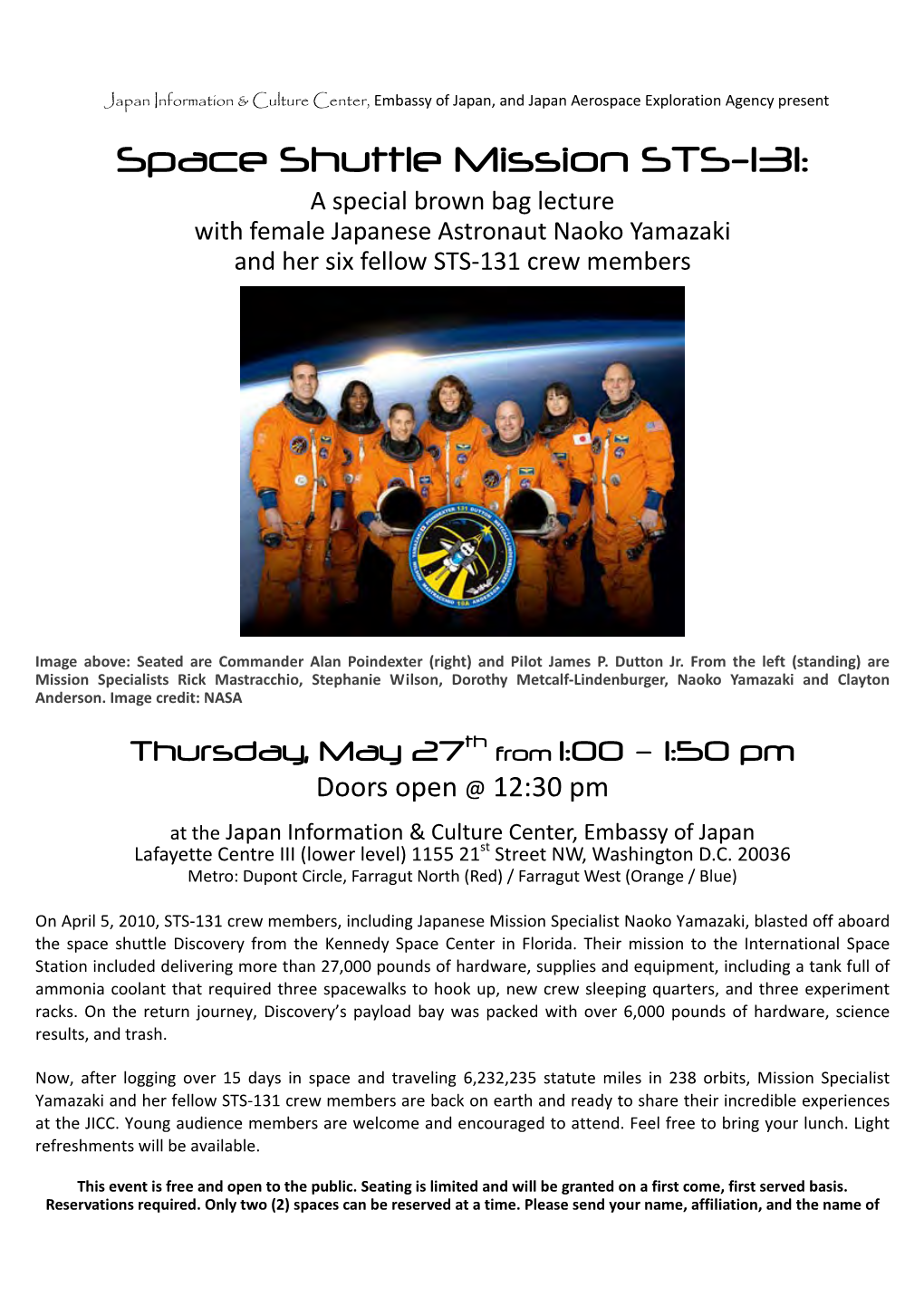 Space Shuttle Mission STS-131: a Special Brown Bag Lecture with Female Japanese Astronaut Naoko Yamazaki and Her Six Fellow STS‐131 Crew Members