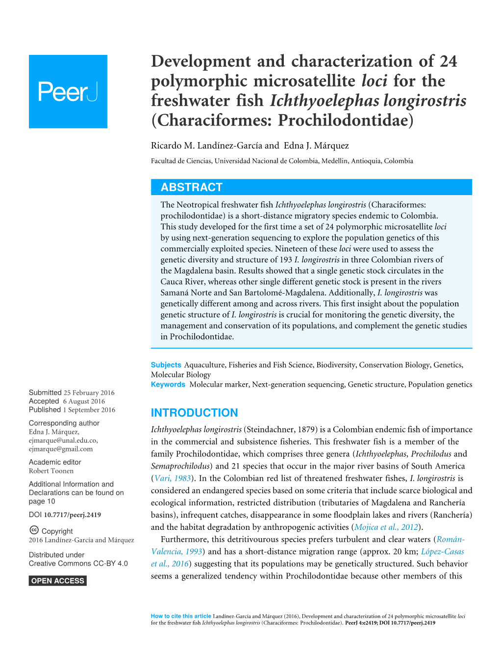 Development and Characterization of 24 Polymorphic Microsatellite Loci for the Freshwater Fish Ichthyoelephas Longirostris (Characiformes: Prochilodontidae)