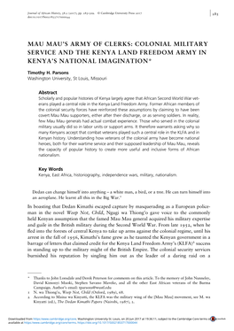 Mau Mau's Army of Clerks: Colonial Military Service and the Kenya Land Freedom Army in Kenya's National Imagination