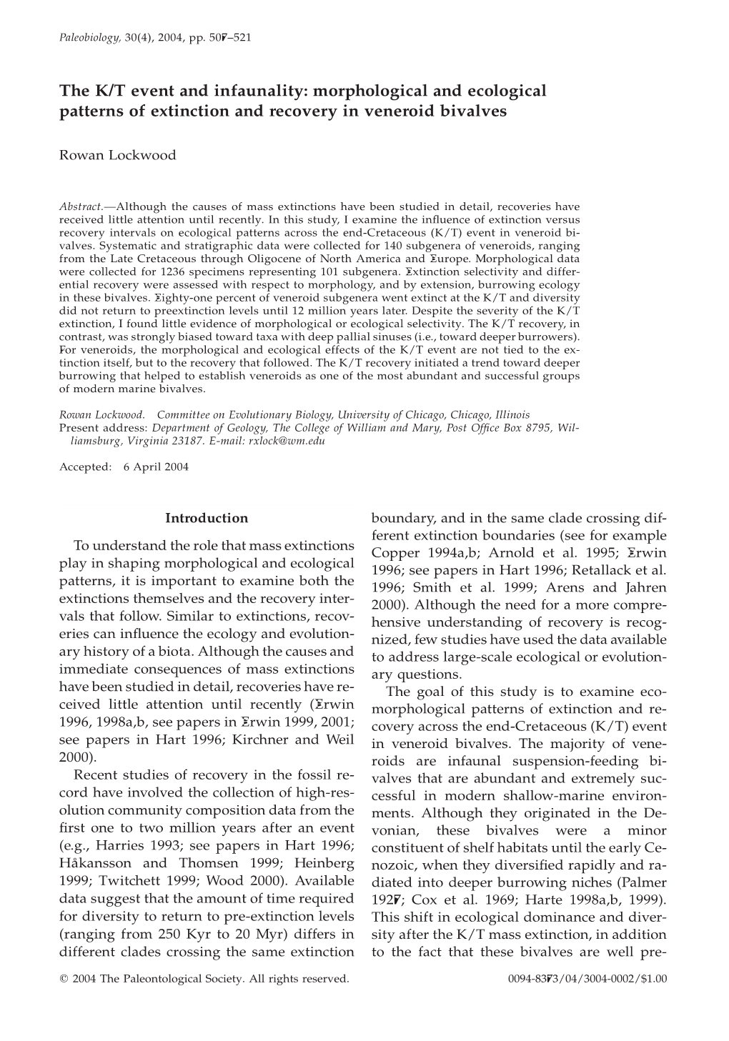 Morphological and Ecological Patterns of Extinction and Recovery in Veneroid Bivalves