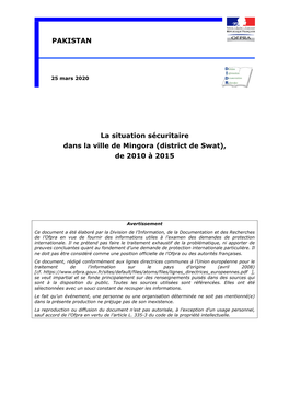 La Situation Sécuritaire Dans La Ville De Mingora (District De Swat), De 2010 À 2015