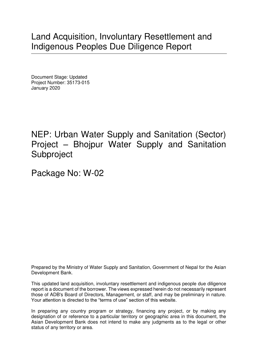 Urban Water Supply and Sanitation (Sector) Project – Bhojpur Water Supply and Sanitation Subproject