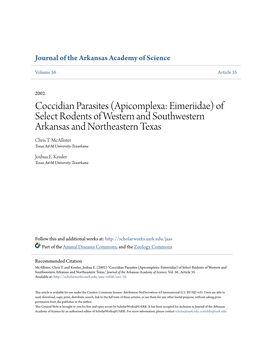 Coccidian Parasites (Apicomplexa: Eimeriidae) of Select Rodents of Western and Southwestern Arkansas and Northeastern Texas Chris T