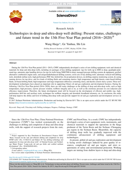 Technologies in Deep and Ultra-Deep Well Drilling: Present Status, Challenges and Future Trend in the 13Th Five-Year Plan Period (2016E2020)*