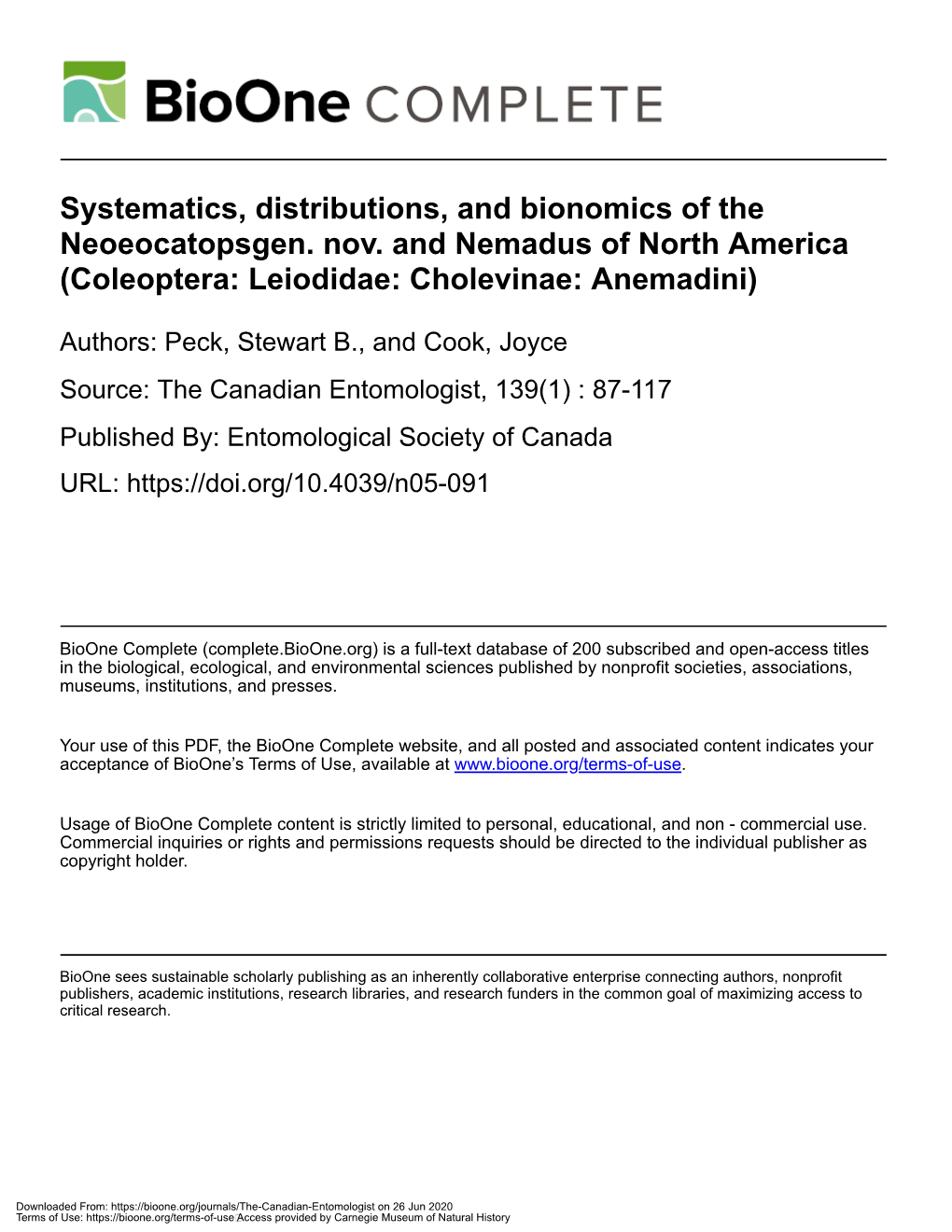 Systematics, Distributions, and Bionomics of the Neoeocatopsgen. Nov. and Nemadus of North America (Coleoptera: Leiodidae: Cholevinae: Anemadini)